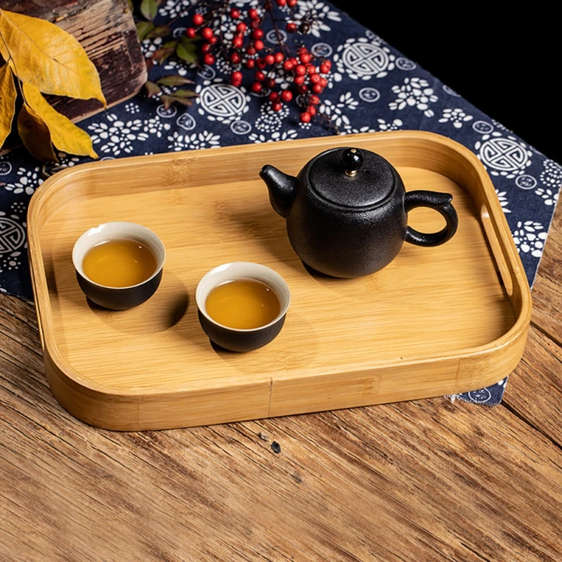 Rectangular Bamboo Wooden Tea Tray Solid Wood Serving Tray With Handle