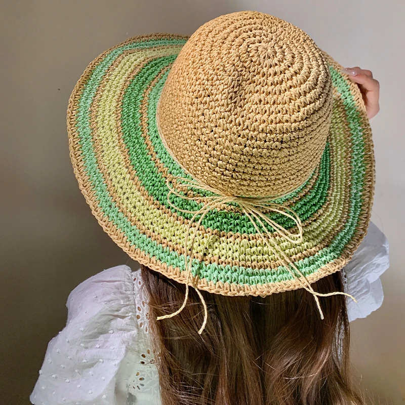 

French Fashion Contrasting Color Straw Women's Caps Summer Travel Big Brim Sun Protection Versatile Bow Strap Hollow Sun Hat