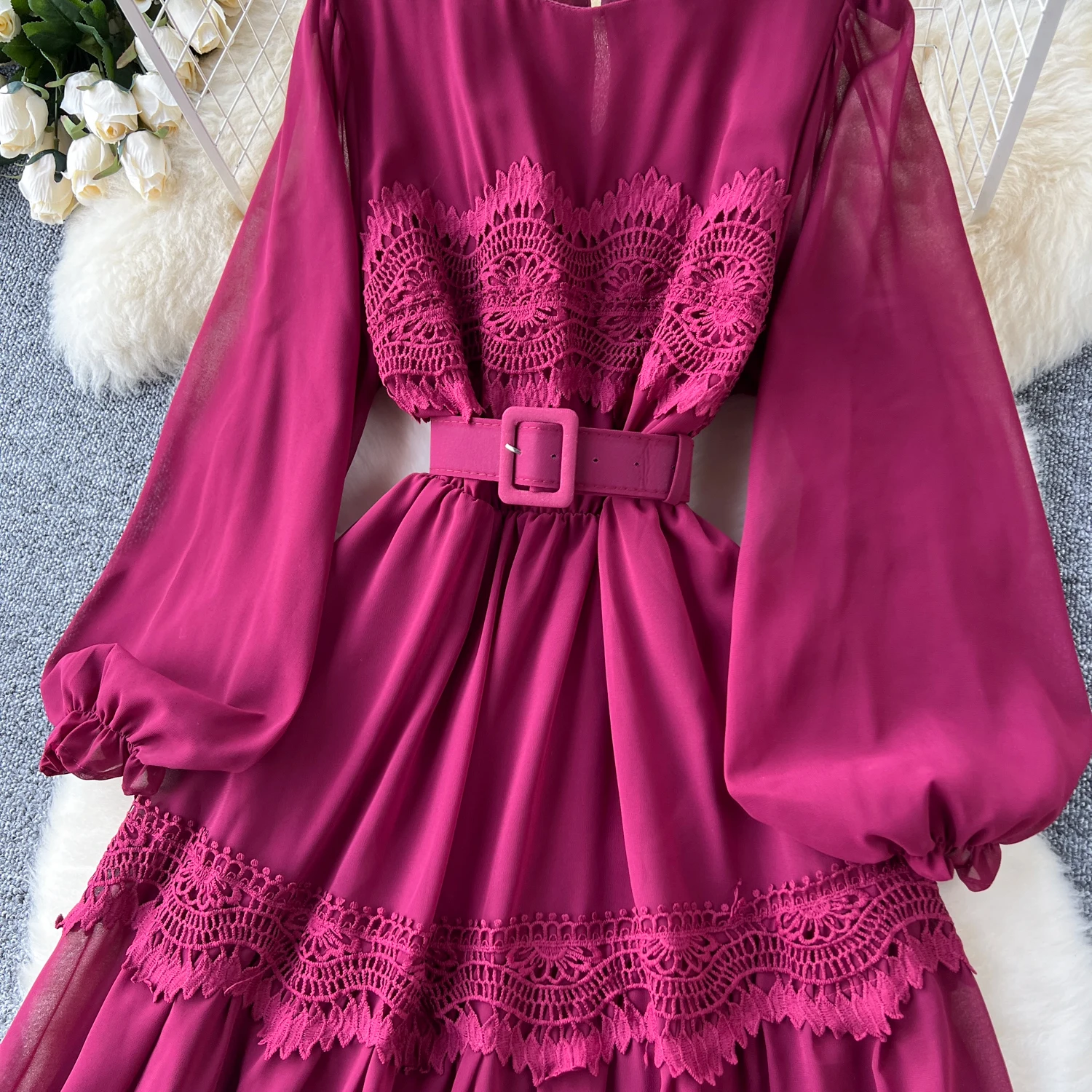French Vintage O Neck Hollow Out Lace Patchwork Long Lantern Sleeves Korean Fashion Dresses Women's Autumn Waist Sweet Clothing