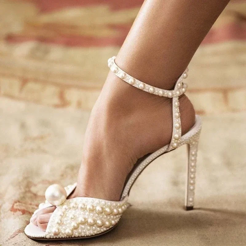 

New Fashion Women High Quality Wedding Sandals Shoes Women Pearls Studs Luxury Peep Toe High Heels Buckle Woman Sandal 43