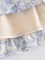 Retro French style Summer Blue White Floral Swallow Print Ruched Bandage Strap Mini Dress Sexy Ruffles Hem Lacing Up Sling Robe - Image 6