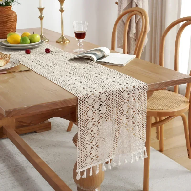 

Retro Hollow Lace Tassel Table Flag Beige New Style Minimalist Dining Flag Tea Mat Rectangle Desktop Decorative Table Cloth