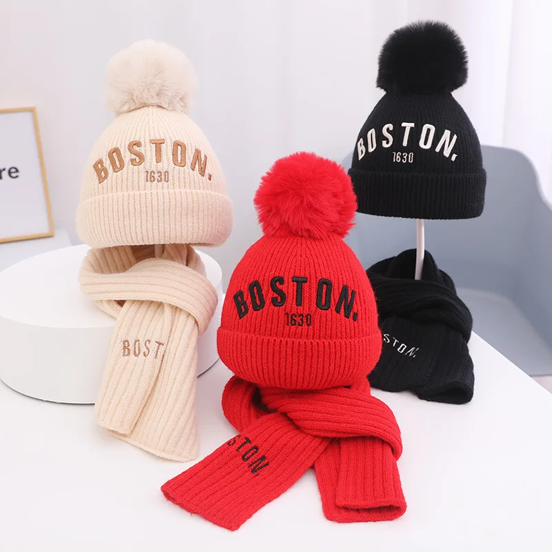 Doitbest baby kids beanie sets boston letters big fur ball 2 Pcs boys girls winter villus hat scarf set for 3 to 8 years
