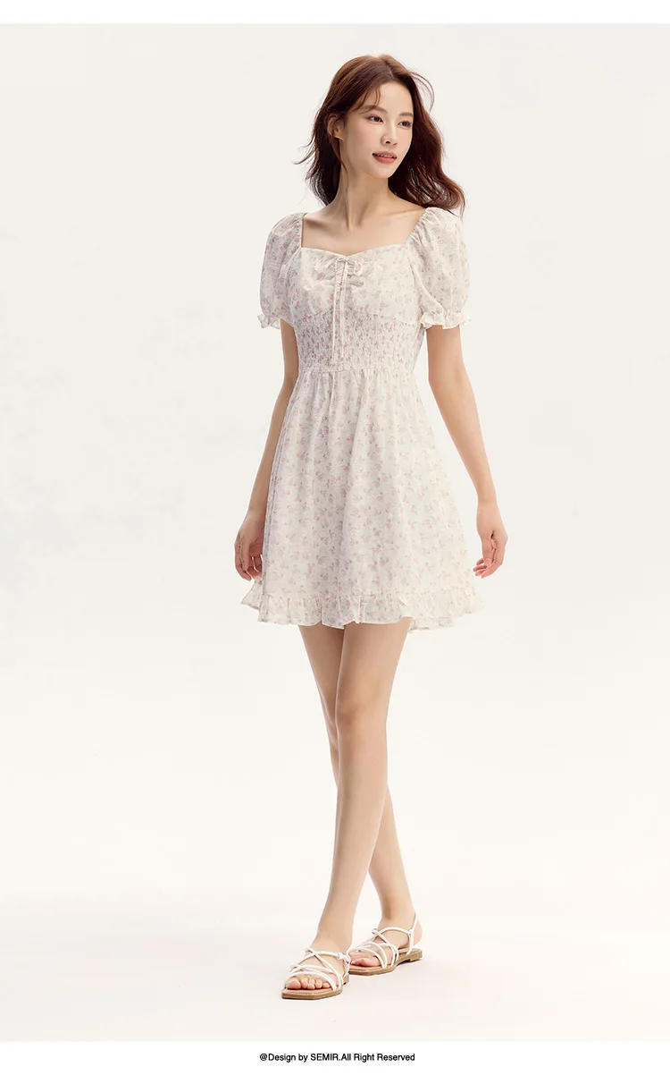 Ruffled Hem Chiffon Mini Skirt Women Floral Print Short Dress New Square Neck Waist-drawing Romantic Dress