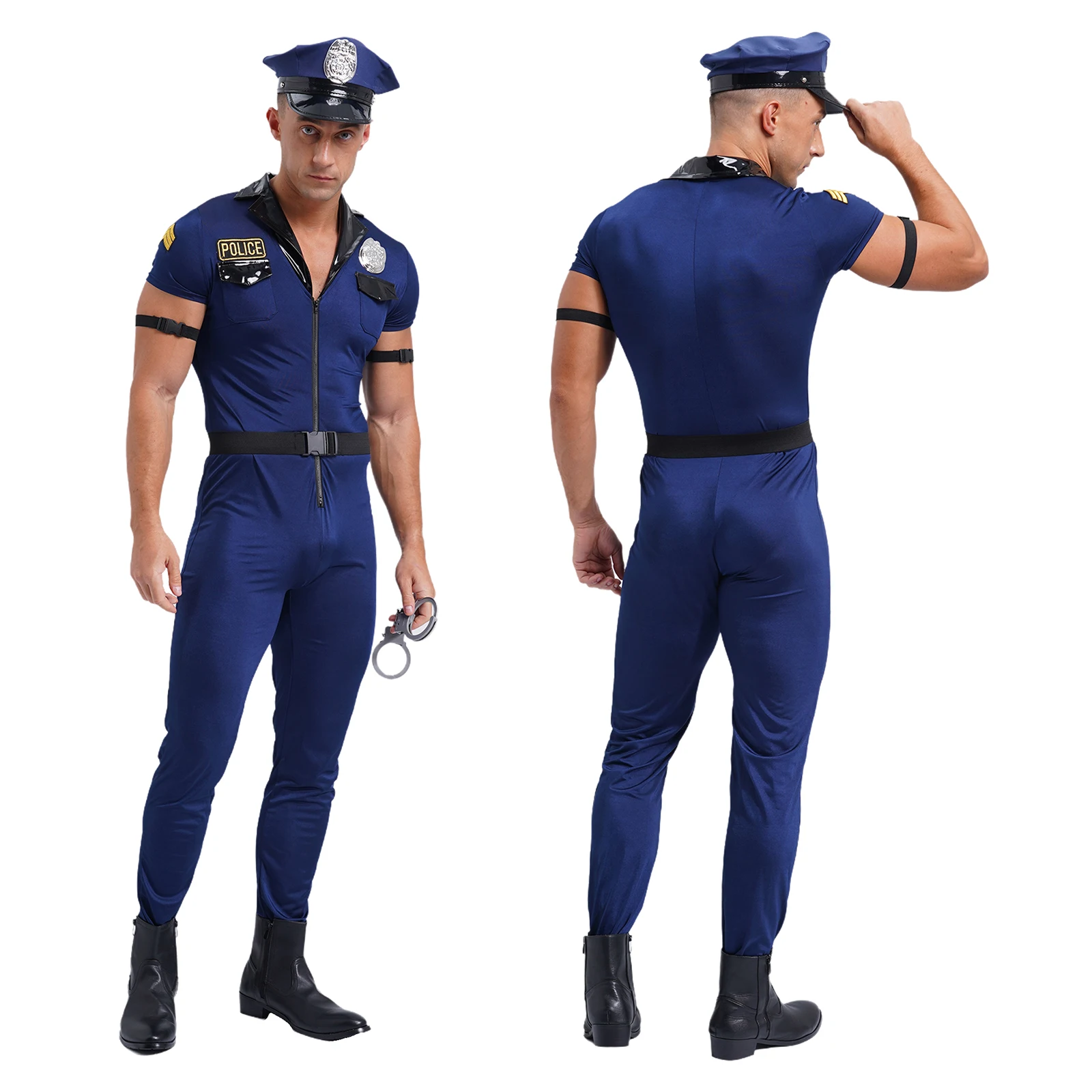 thumbnail image 1 of Uniformes de policía sucios para hombre, uniformes de policía, disfraces de cosplay de policía, mono con cremallera frontal, sombrero, cinturón, esposas, insignia, 1 of 5