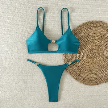 New Sexy Sheen High-Cut Bikini Set Shiny Swimwear for Women Push Up Triangle Top Brazilian Cheeky Bottom Beach Pool Vacation 1