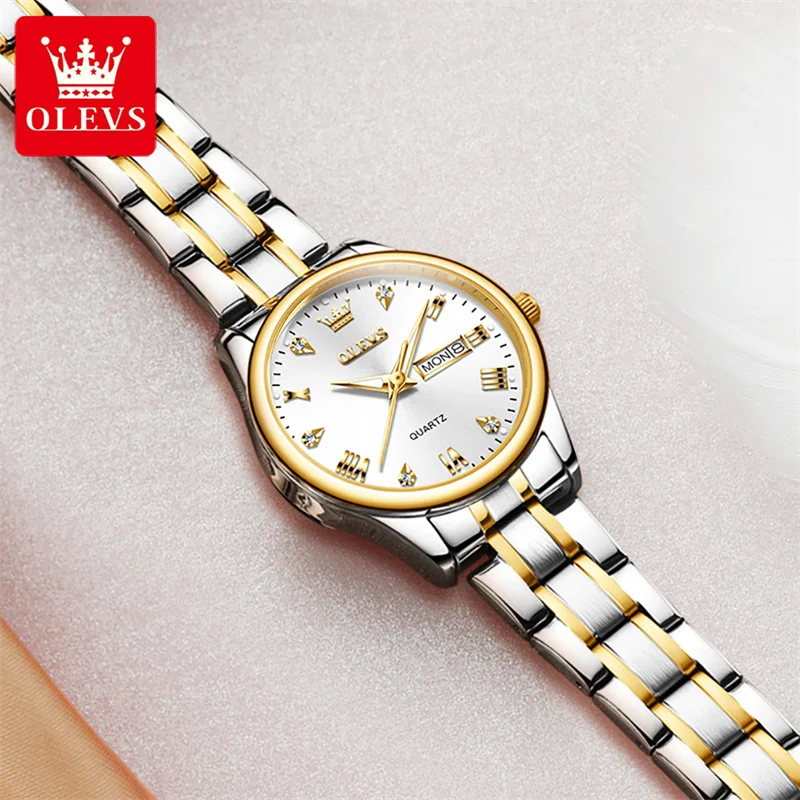 OLEVS Brand New Women Casual Fashion Quartz Watch Women's Waterproof Stainless Steel Watches with Week Calendar Luminous Clock