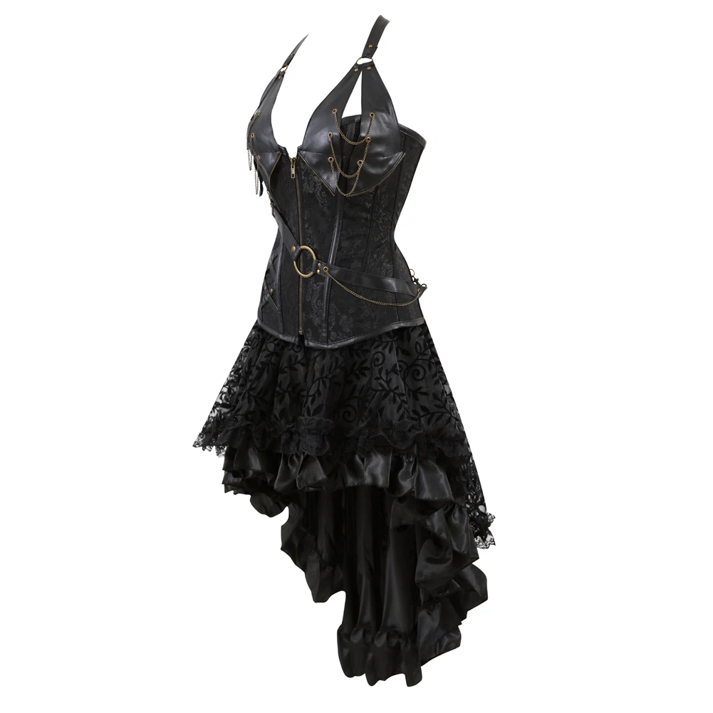 Women Gothic Steampunk Pirate Corset Costume Goth Punk Corselet Shapewear Lace Up Pu Leather Bustier Top Skirt Set