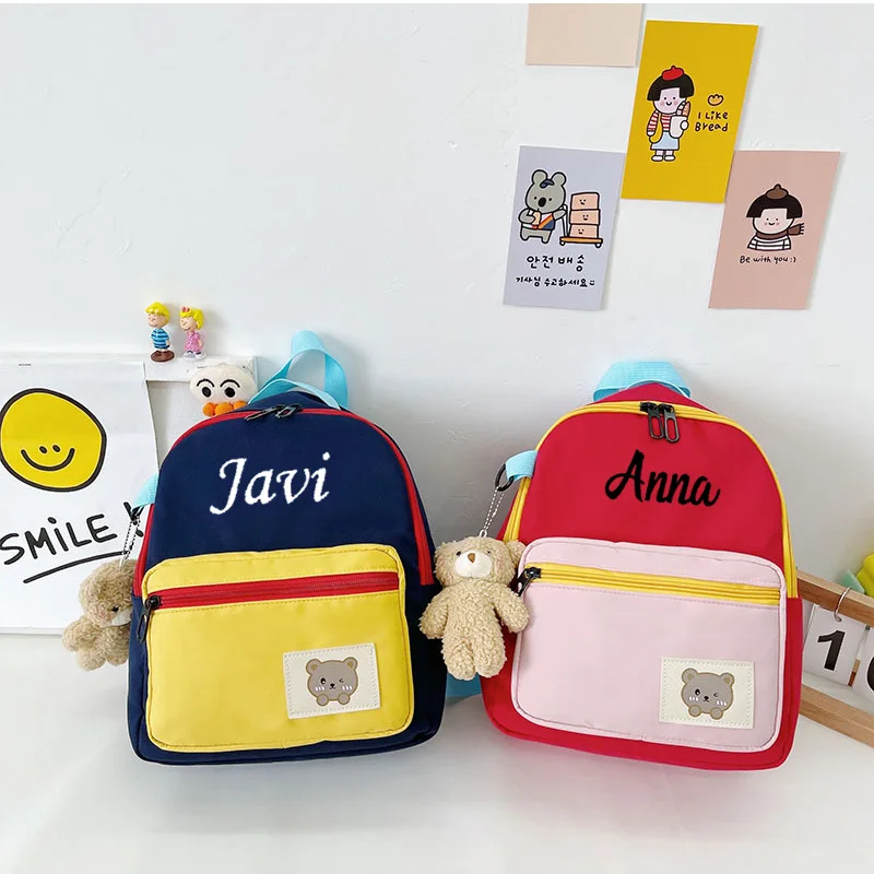 

Kindergarten Student Cartoon Backpack Personalized Name Cute Boys Girls Backpack Embroidered Outdoor Little Bear Cotton Backpack