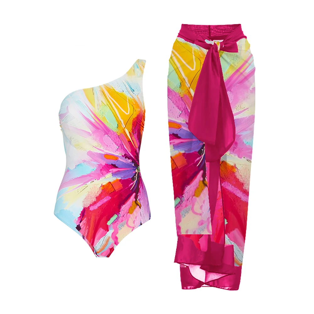 Pittura A Olio Pennellate Stampato Una Spalla Costume Intero Moda Colorblock Bikini Estate Costume Da Bagno Lusso 2023 Nuovo