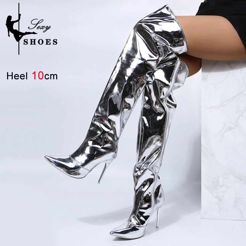 Heels Long Boots Women Autumn Winter Over-the-Knee exy Silver Mirror Thigh High Boots T Show Pointy Toe Casual  Club Party Shoes