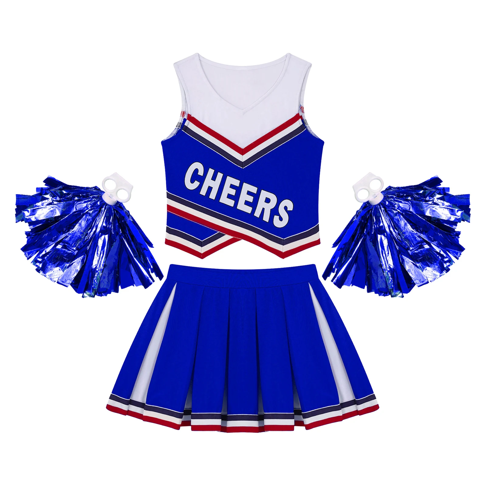 Kids Girls Cheerleading Uniform Dance Costume V Neck Printed Vest with Pleated Skirt and 1 Pair Tassel Flower Balls Outfit Set children cheerleading costumes
