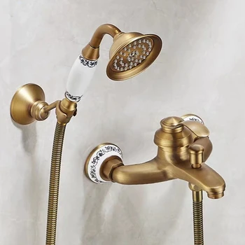 ชุดฝักบัวเรียบง่ายทองเหลืองโบราณไม่มีสเปรย์เหนือศีรษะหัวฝักบัวแบบใช้มือถือในครัวเรือนเข้ากับก๊อกน้ําอ่างอาบน้ําติดผนัง 1