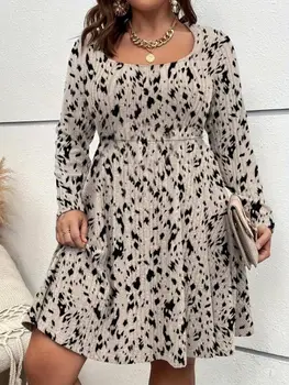 Plus size women's autumn and winter styles, square neck long sleeve leopard print dress, casual elegant sweater