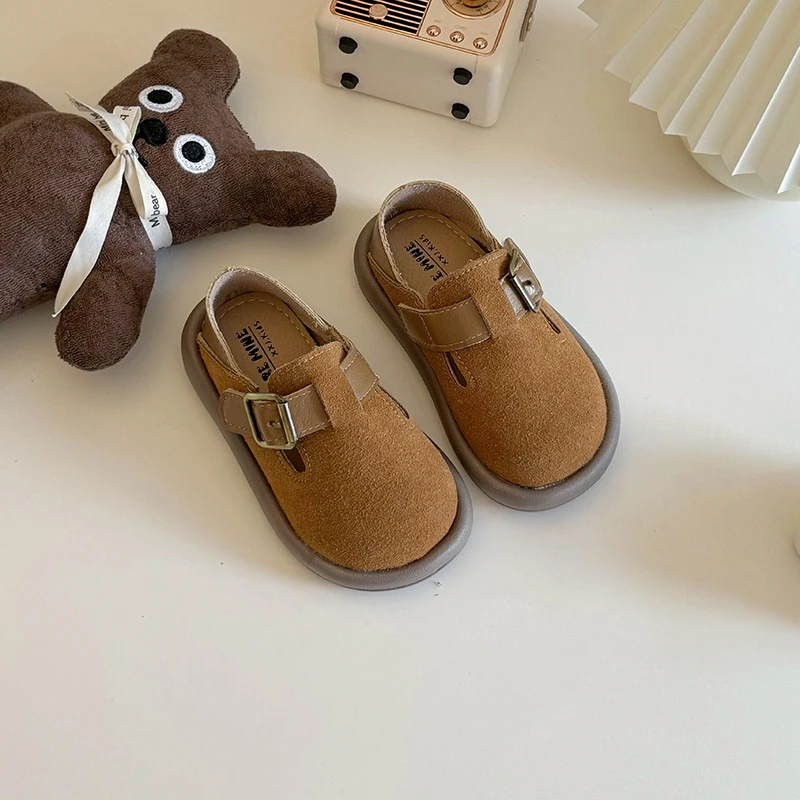 Kids Leather Shoes Boys Casual Girls Loafers Fashion Buckle Round-toe Britain Style Breatheable