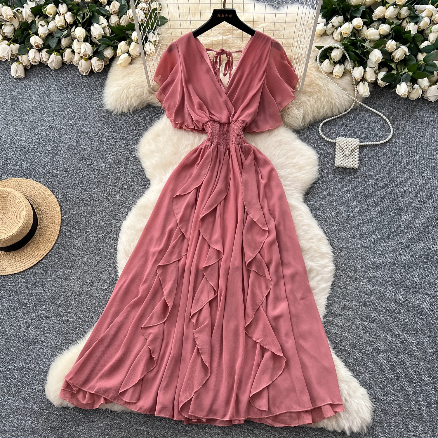 Elegant Criss-Cross chiffon short sleeve Vintage Chic Slim Ball Gown Dresses French Evening High Street Clothing