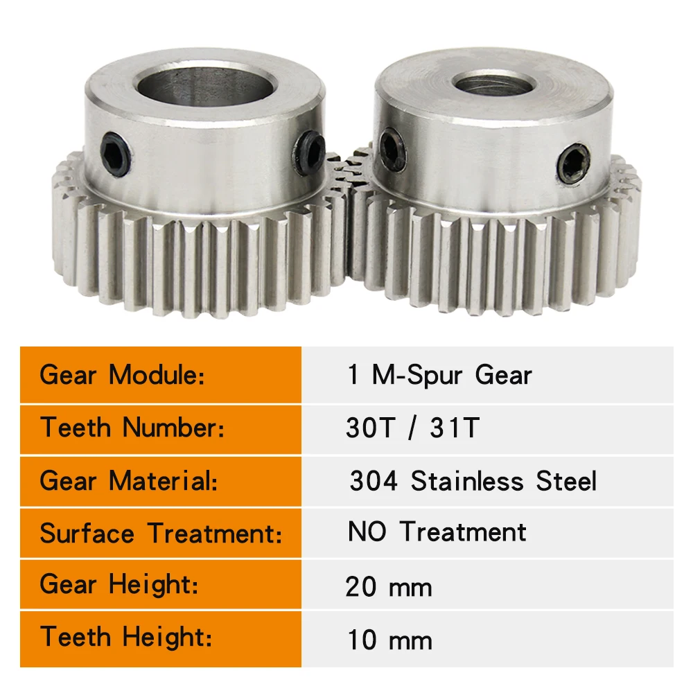 1 Piece Gear Wheel 1M-30T/31T Bore Size 8/10/12/14 mm 304 Stainless Steel Pinion Gear Teeth Thickness 10 mm Total Height 20