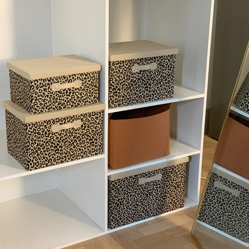 LEOPARD PRINT RECTANGLE FABRIC FOLDABLE STORAGE BOX SOLID BODY WARDROBE TRUNK ORGANIZER WITH LID HANDLES SUNDRIES STORING BASEKT 3