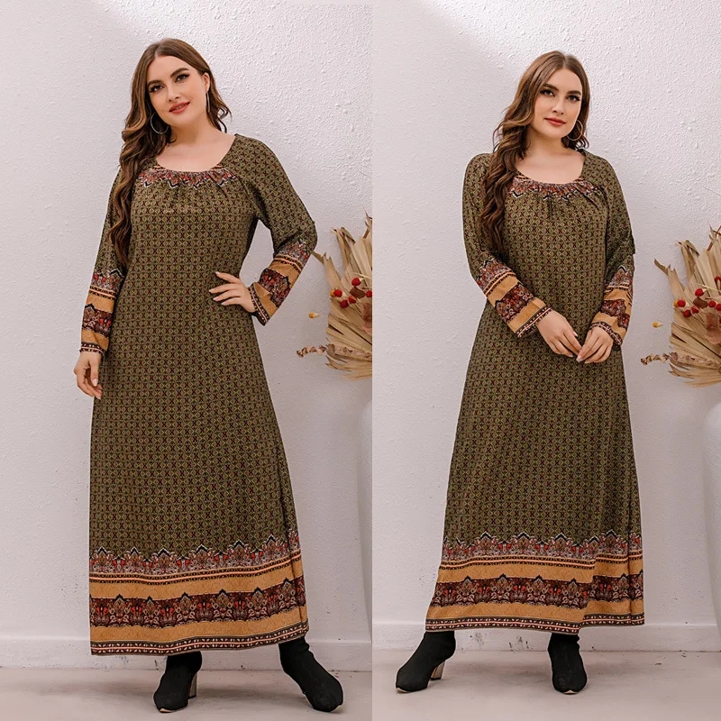 

2023 New Fashion Crewneck Loose Vintage Print Stretch Slim Fat Sister Dress Streetwear