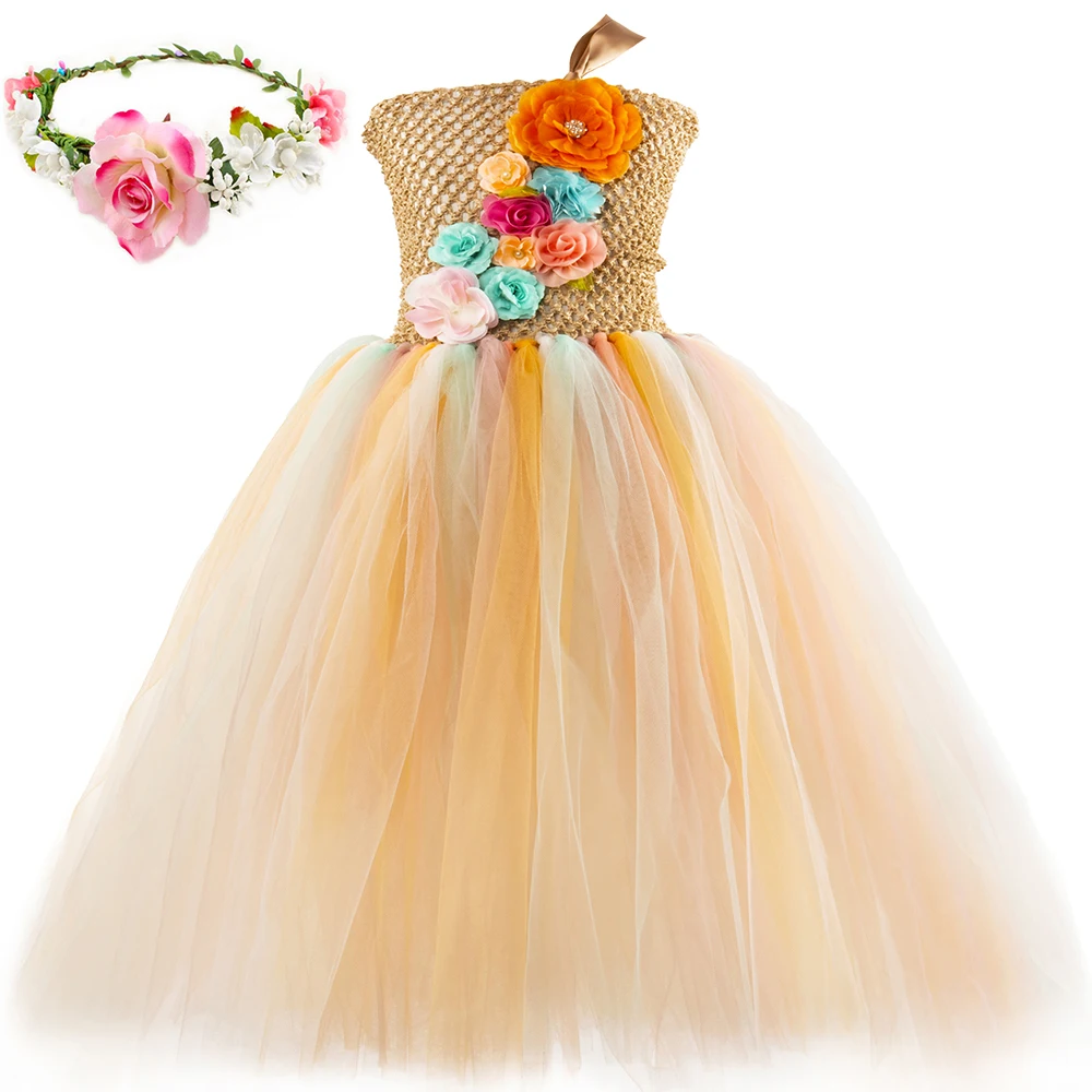 

Flower Fairy Girl Tutu Dress with Wreath Tulle Princess Dress Costume Kids Dresses for Girls Wedding Pageant Party Gown Vestidos