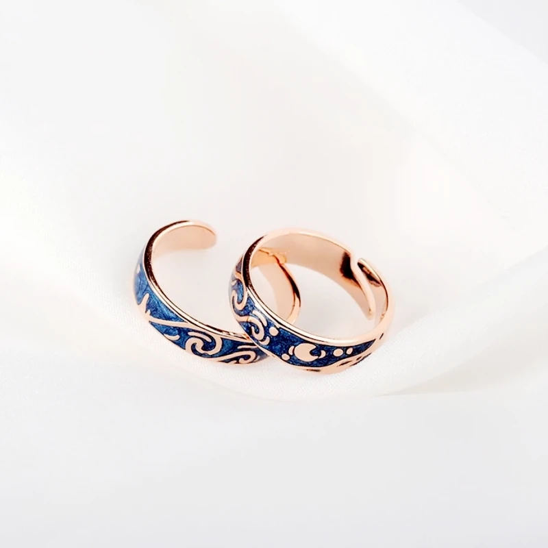 WYEAIIR 925 Sterling Silver Van Gogh Starry Sky Resizable Opening Couple Rings Blue Drop Glaze Sweet Romantic For Women Jewelry 3
