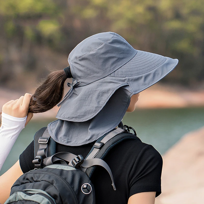Kvinnor Stor brättad solhatt Hinkhatt Sommar Utomhusfiske Vandring UV Anti-nackskydd Sjal Visir Keps Dammössa Hatt_voghion.com