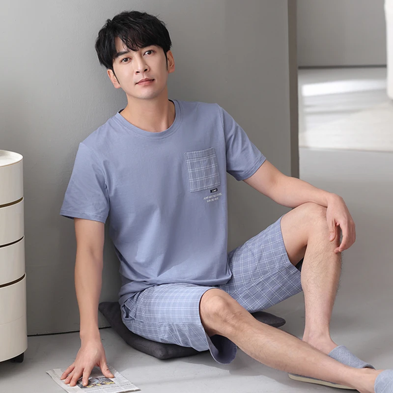 Men Pajamas Set Summer Short Sleeve Striped Casual Tracksuit Sleepshirt + Shorts 2pc Pyjamas Male 4XL 5XL 6XL 7XL Pijamas Hombre pajama sets