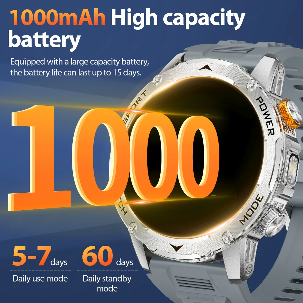 LIGE Military Smart Watch Men 1000mAh Battery Outdoor LED Flashlight BT Voice Call 1.7” HD Waterproof Sport Fitness Smartwatch
