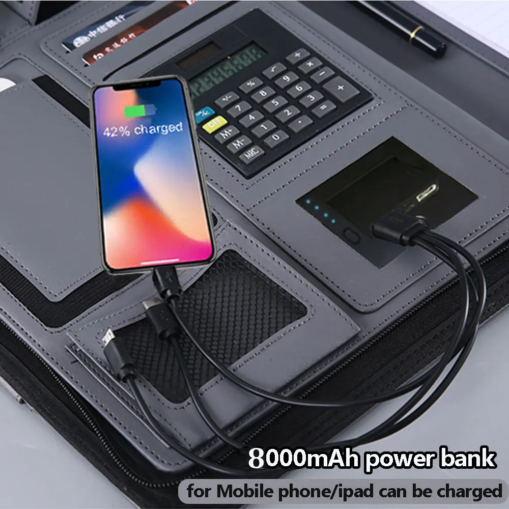 A4 Leather Folder Wireless Charging Portfolio Zipper Binder Business Padfolio Organizer Calculator 8000mah Power Bank Briefcase document bag leather folder