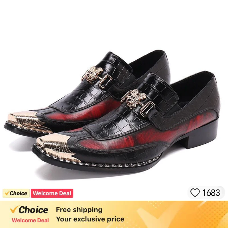 Metal Tip Genuine Leather Men Dress Shoes Snakeskin Evening Party Wedding Shoes Hairdress Sexy Gold Handmade Pointed ToeOxford
