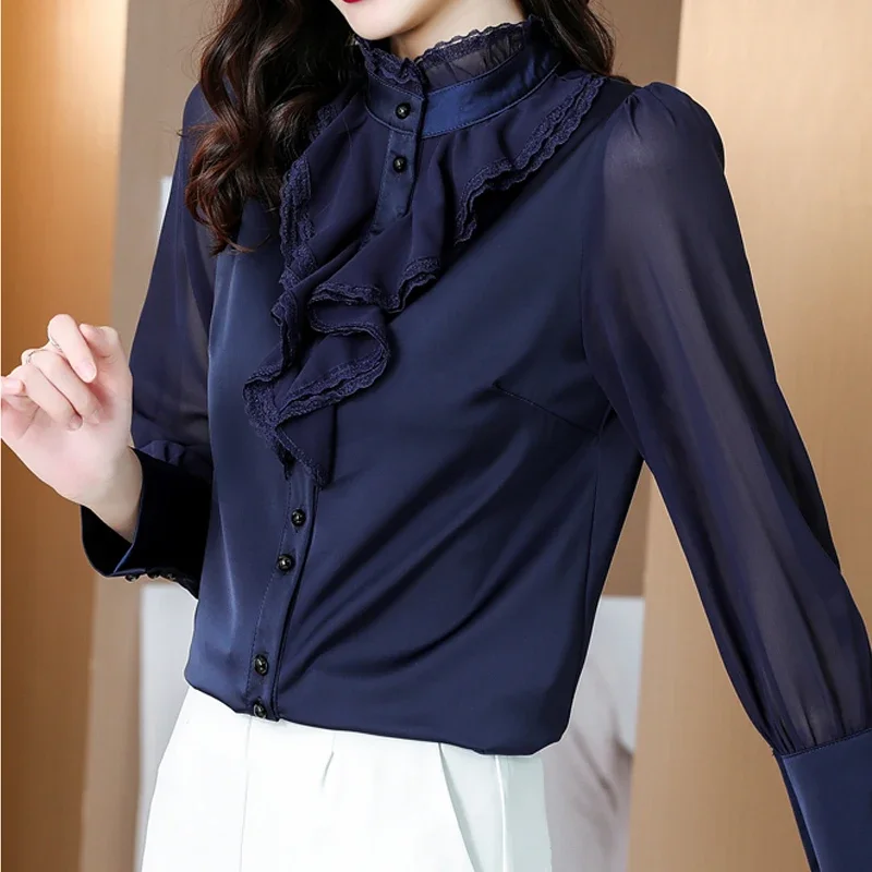 Dark Blue Chiffon Lace Long Sleeve Women Blouse