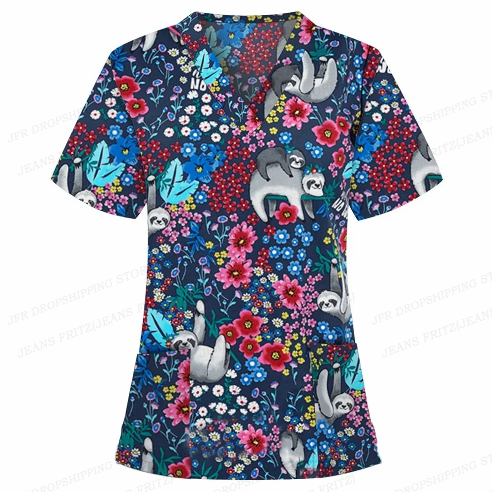 Cartoon Animal Nursing Scrubs Tops Women Nurse Uniform Women Fashion V-neck Pocket Overalls Medical Uniforms Uniforme Enfermera