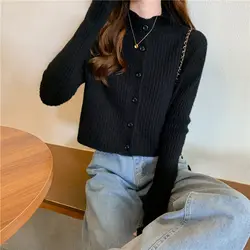 Women's Autumn New Fashion Solid Color Polo Collar Button Casual Versatile Long Sleeved Slim Fit Sweater Knitted Cardigan Tops