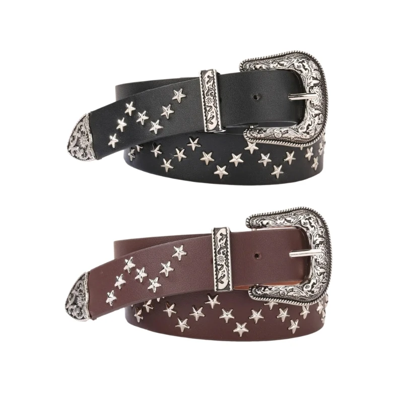 

Girls Women Waist Belt with Relief Buckle&Star Rivet Waistband Decorative Belt H9ED