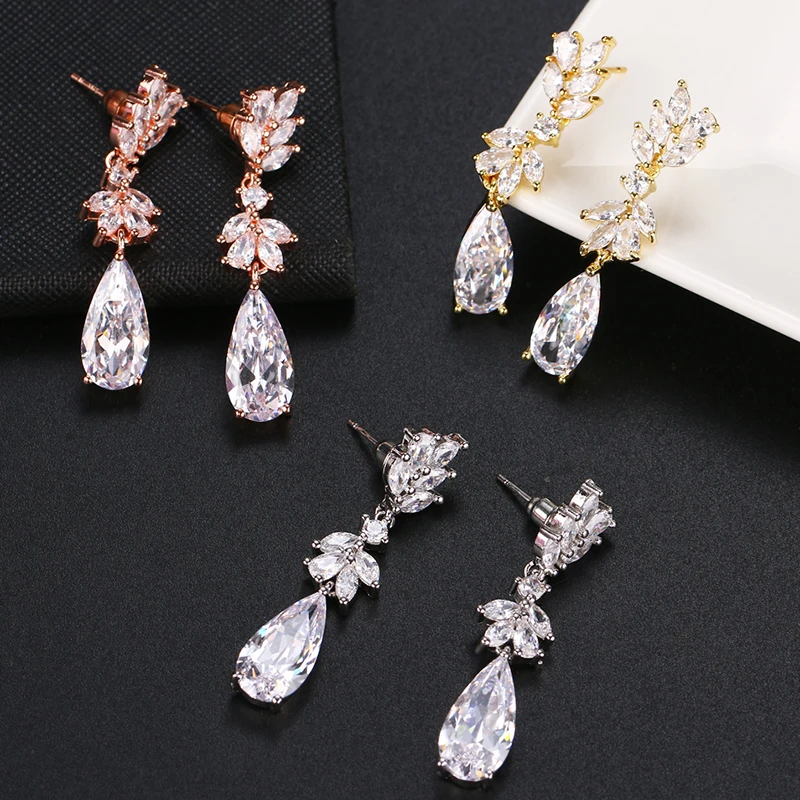 Fashion Leaf Zircon Clips Earrings for Women Silver Color Drop Water Clip Earings Long Crystal Wedding Ear Cuff Jewelry Gifts,ear clip earrings