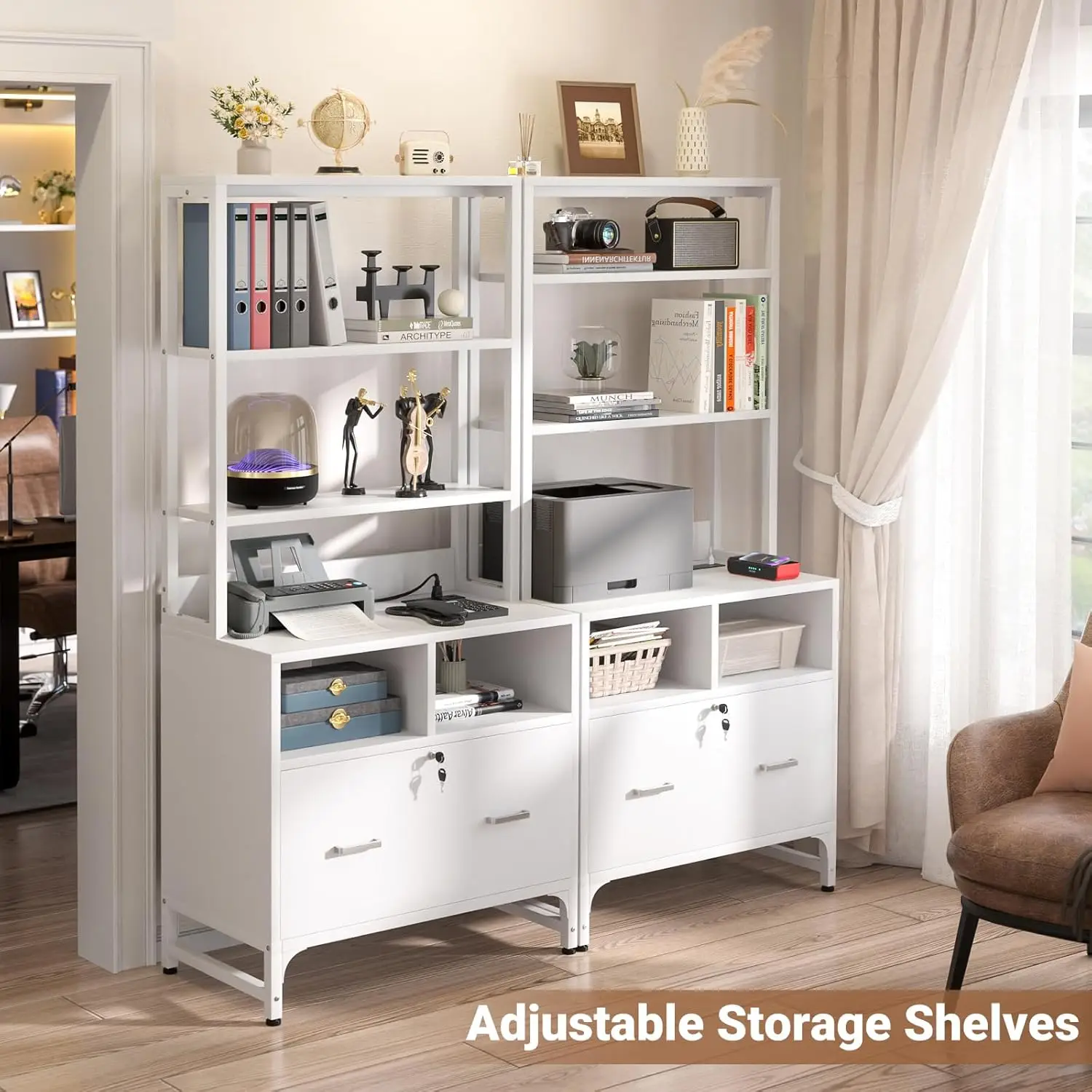 Vertical File Cabinet with Charging Station,Lock & Large Drawer,Printer Stand with Storage Shelves,Office Storage Cabinet ,White