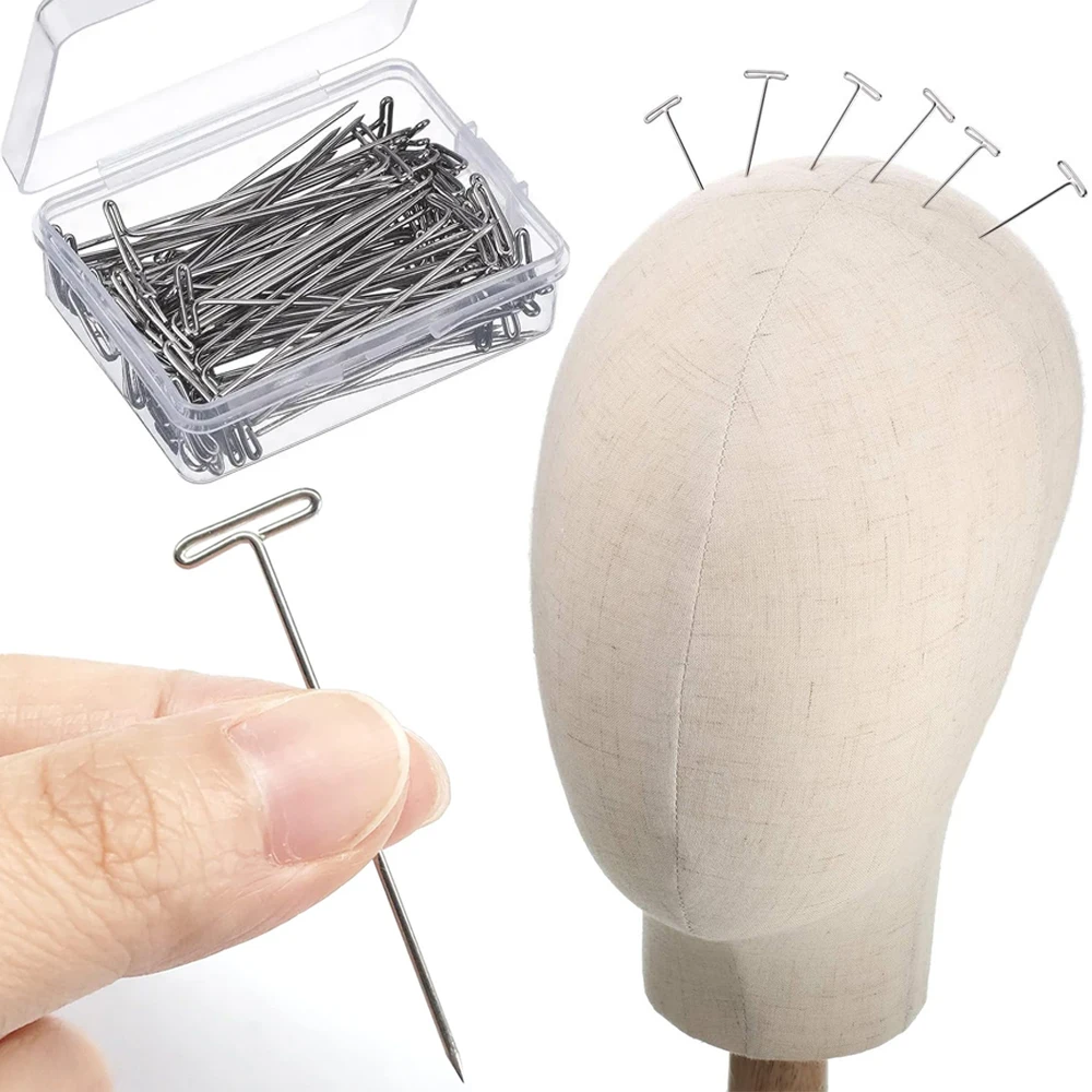 100pcs Long T Pins Silver Wig Pins for Wigs Making/Display On Mannequin Canvas Head 38/51mm T Pins Needle Salon Styling Tools