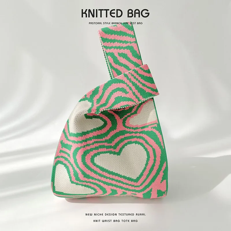 T-shirt bag, vest bag, trendy knit, contrasting heart, one-shoulder tote, handbag, versatile, large-capacity tote bag