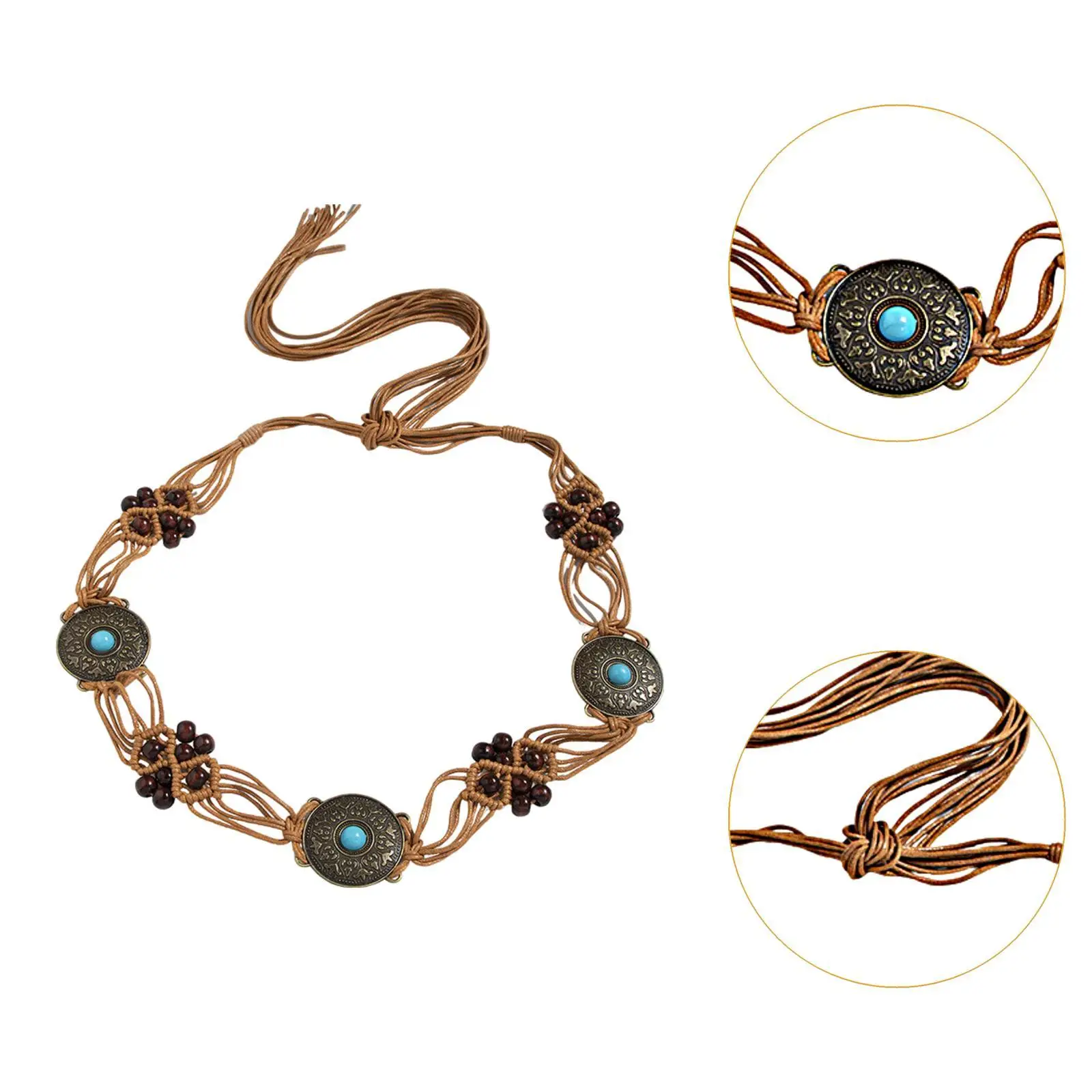Flax Rope Belt with Knots and Inlays Retro Chain Belt for Celebrations Gift