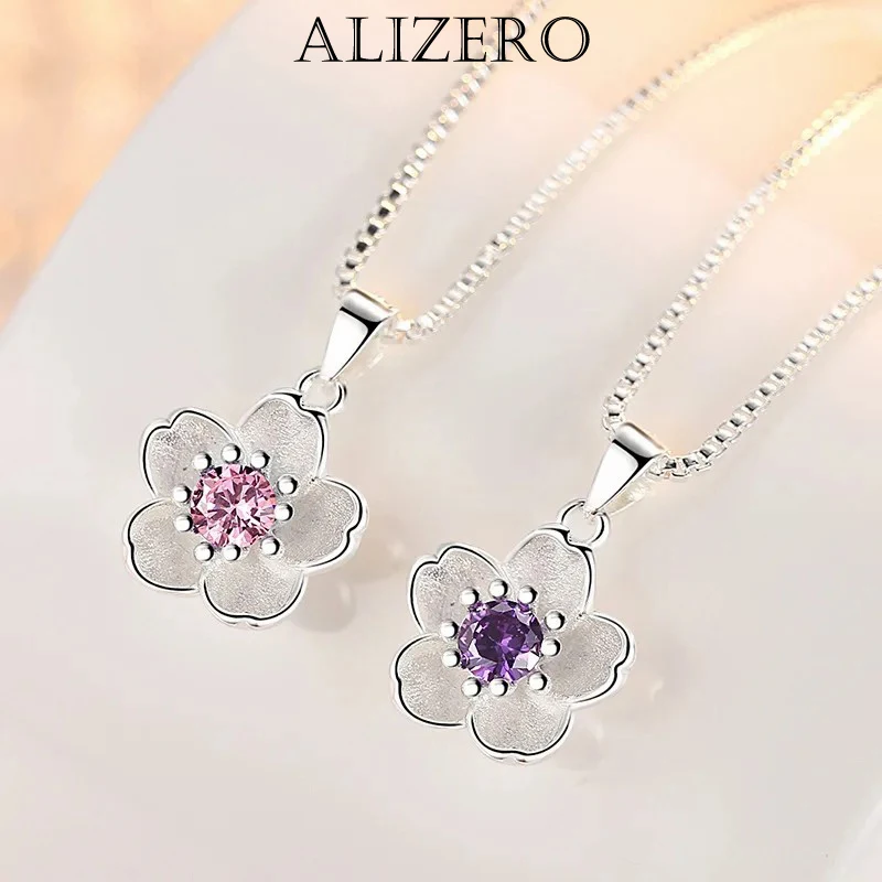 

Ожерелье ALIZERO из стерлингового серебра 925 пробы с розовым фиолетовым цветком персика для женщин и девушек симпатичное циркониевое пандуарное ожерелье Роскошные ювелирные изделия