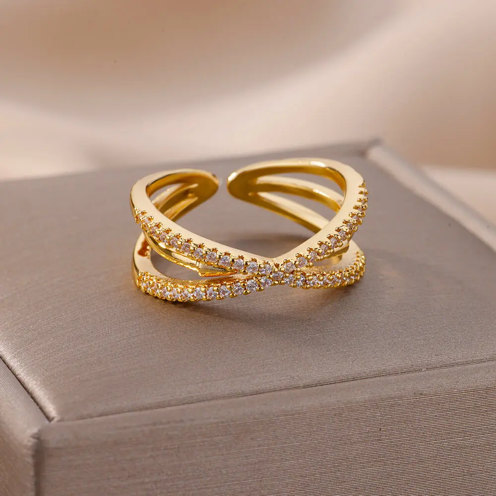 Zircon Cross Rings For Women Gold Plated Openning Stainless Steel