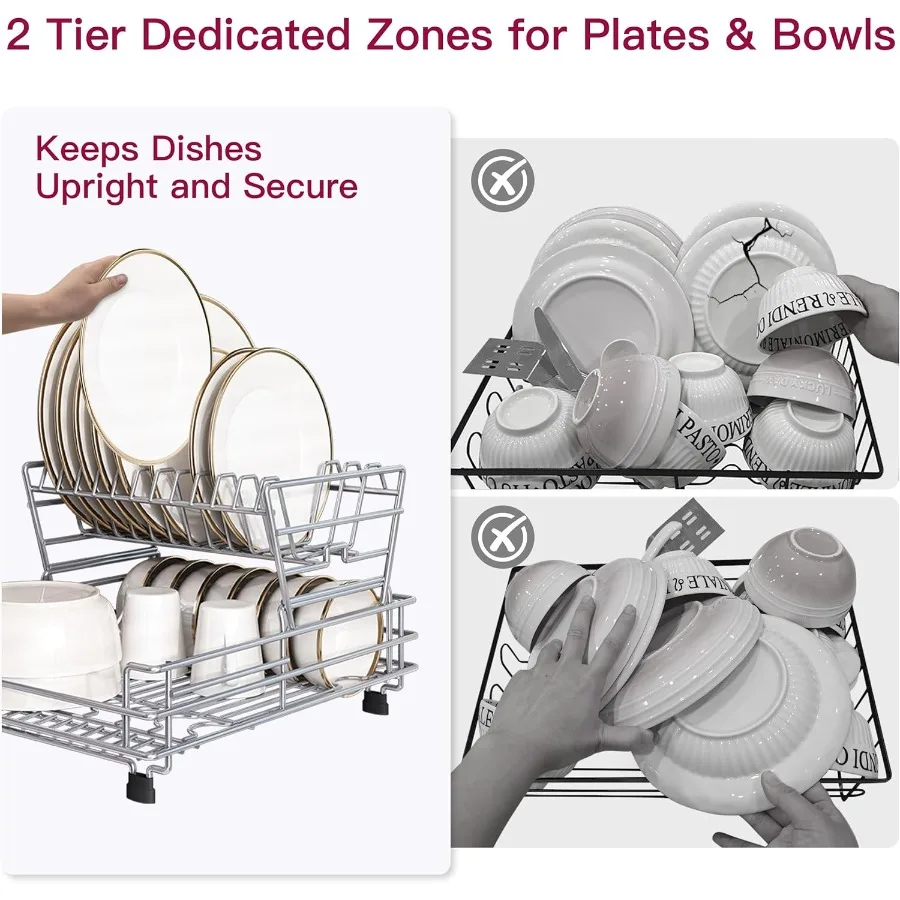 2 Tier Red Large Stainless Steel Dish Drainers Drying Rack for Kitchen Counter with Drainboard Rust Proof Metal Space Saving Mo