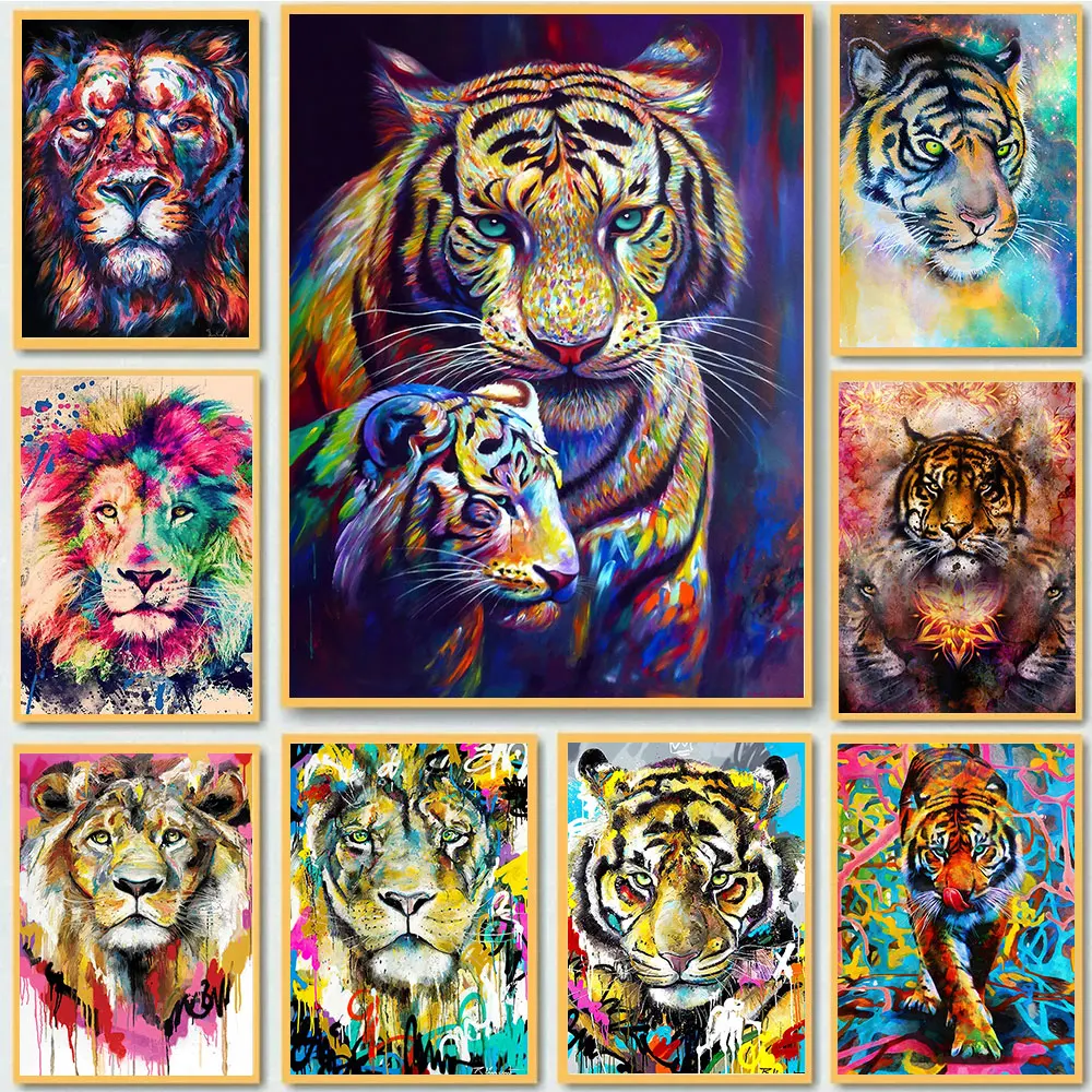 

Tiger Lion Watercolor Animal Posters Print Canvas Painting Graffiti Wildlife Wall Art Pictures For Modern Living Room Home Decor