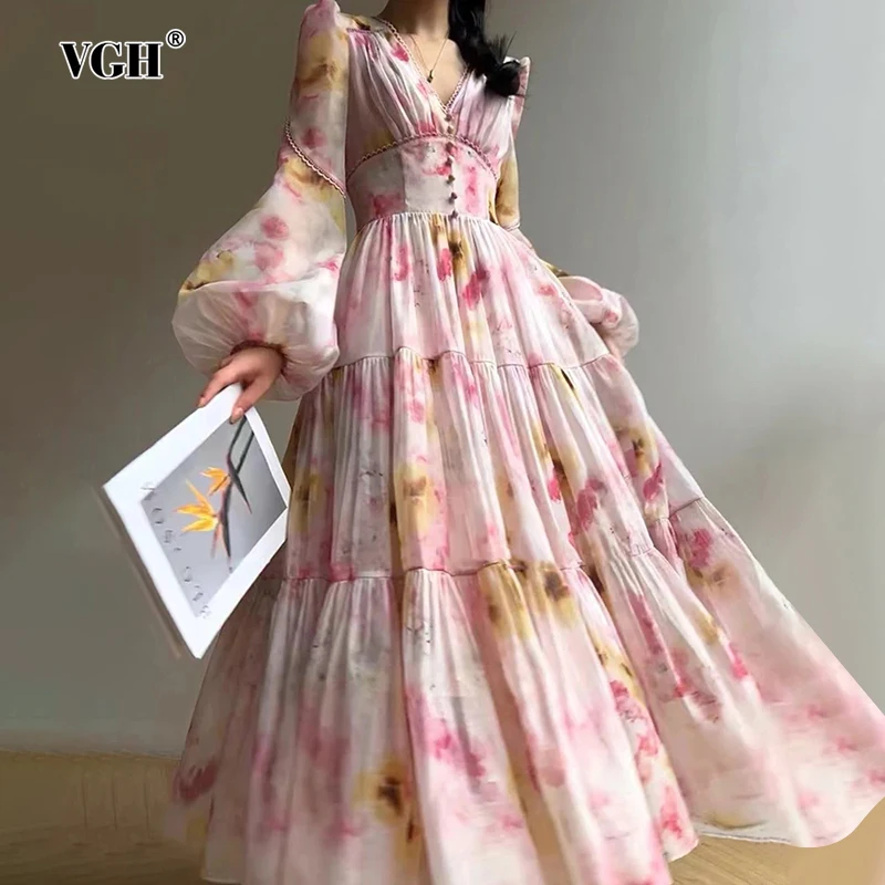 

VGH Hit Color Floral Printing Patchwork Button Dresses For Women V Neck Long Sleeve High Waist Lace Up Dress Female Fashion New