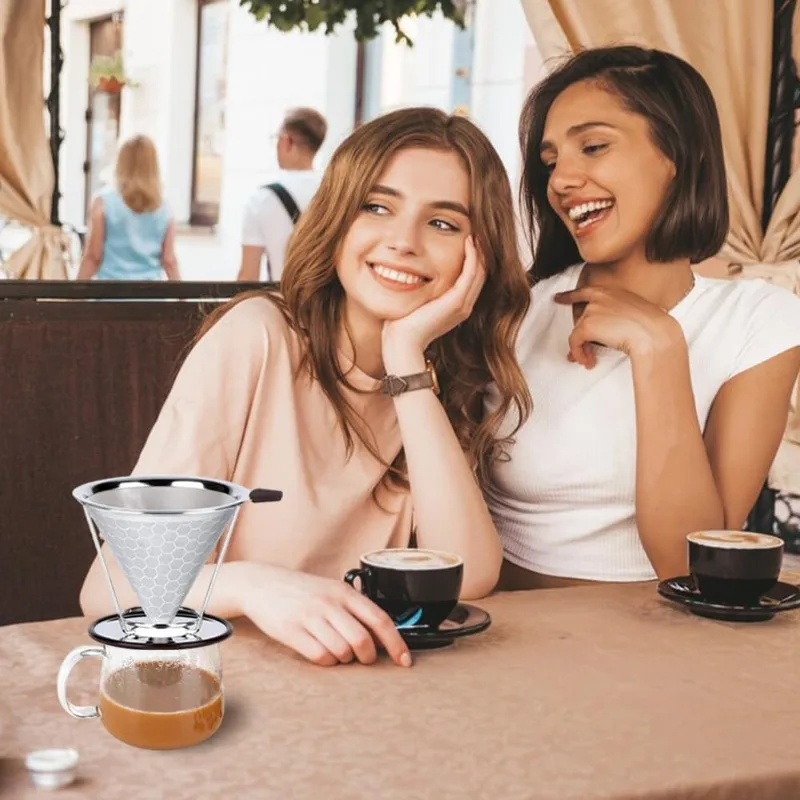 Stainless Steel Cone Coffee Filter Reusable Paperless Dripper with Non-Slip Cup Holder Single Cup Coffee Brewing  Tool