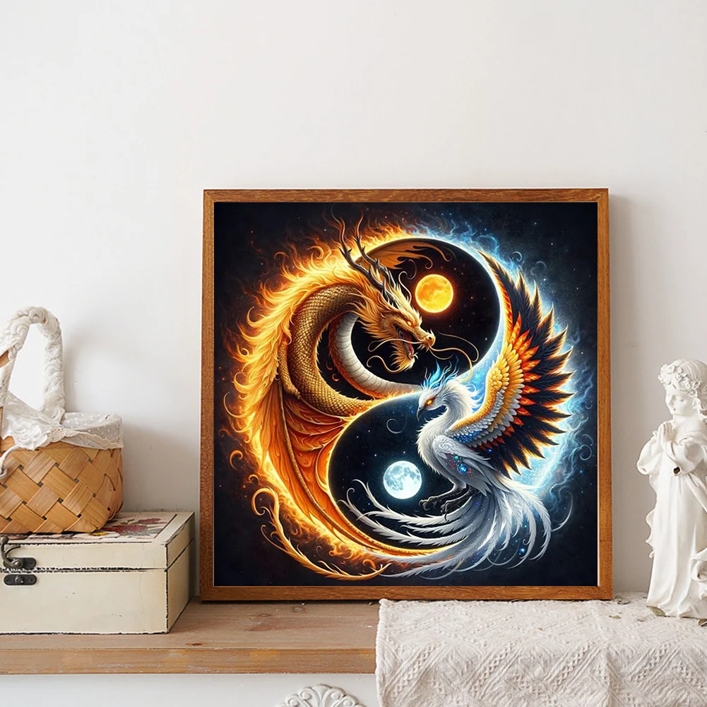5D DIY Full Round Drill Diamond Painting Fire Dragon Ice Phoenix Decor 30x30cm