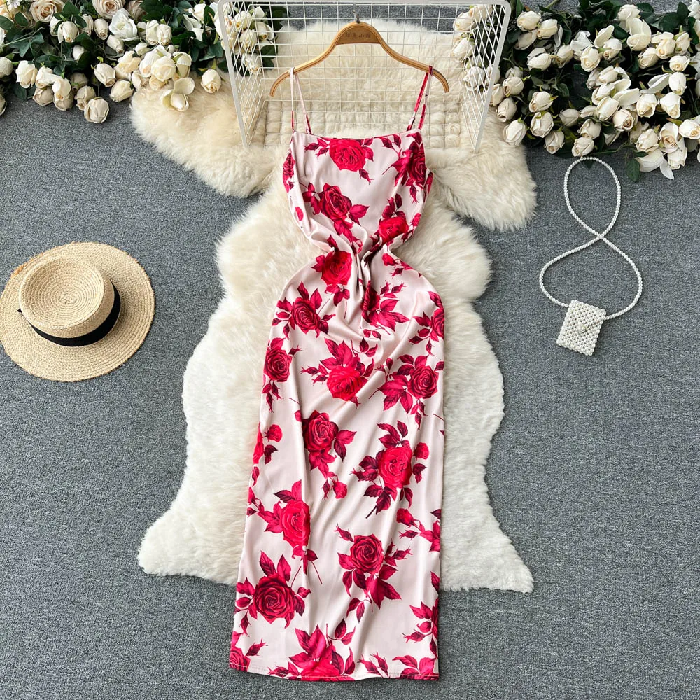 

Waist Slim Suspender Dress Summer Women's Seaside Vacation Print Slit Bag Hip Long Dress