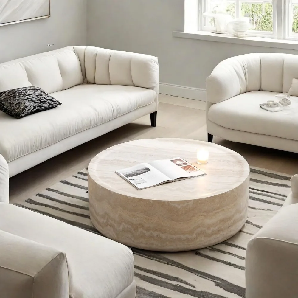 Modern Round Faux Travertine Coffee Table - Textured Fiberglass Center & Side Table for Living Room & Office 3
