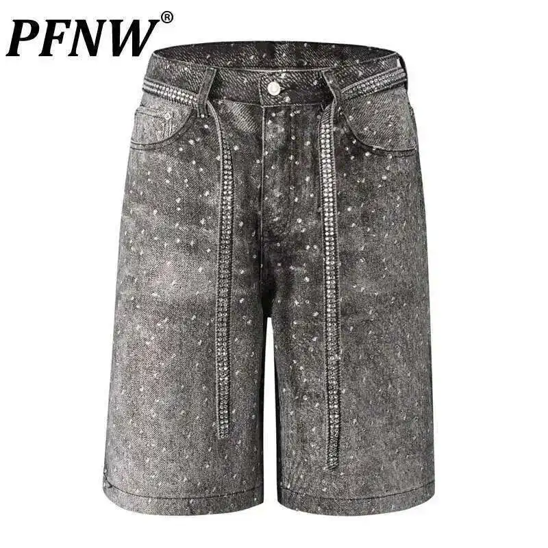 PFNW – short en Denim à strass pour hommes, pantalon ample et droit, longueur aux genoux, avec ceinture de marée, américain High Street, 28W6067