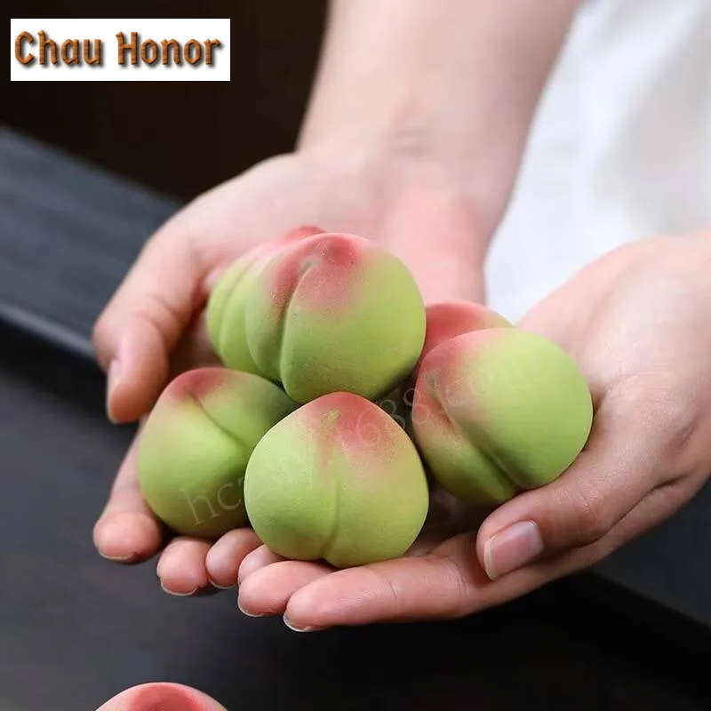 2pc Creativity Longevity Peach Statue Model Ornaments Yixing Purple Clay Tea Pet Figurine Crafts Chinese Lucky Teaset Decoration